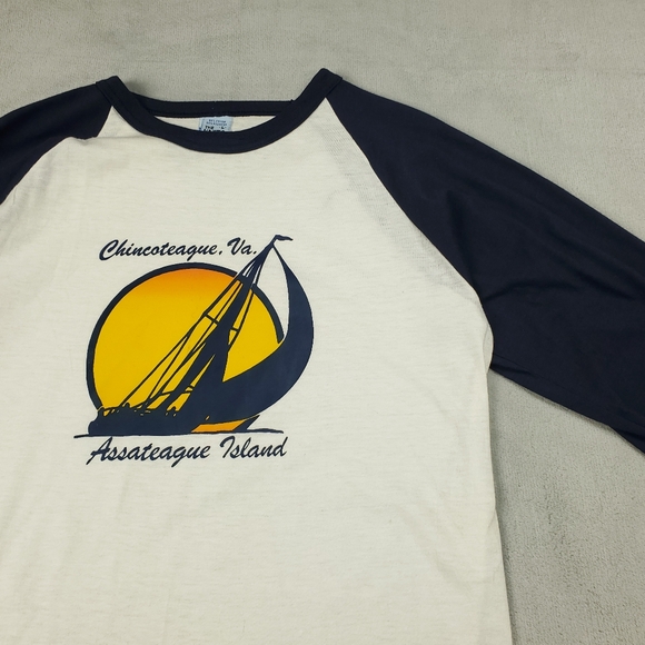 Vintage 70s Raglan T Shirt Size Large Chincoteague Virginia Graphic Tee Retro - Picture 3 of 12